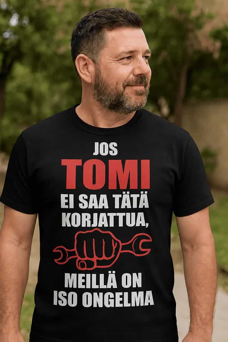 Hauska t-paita Korjaaja nimellä – JOS TOMI EI SAA