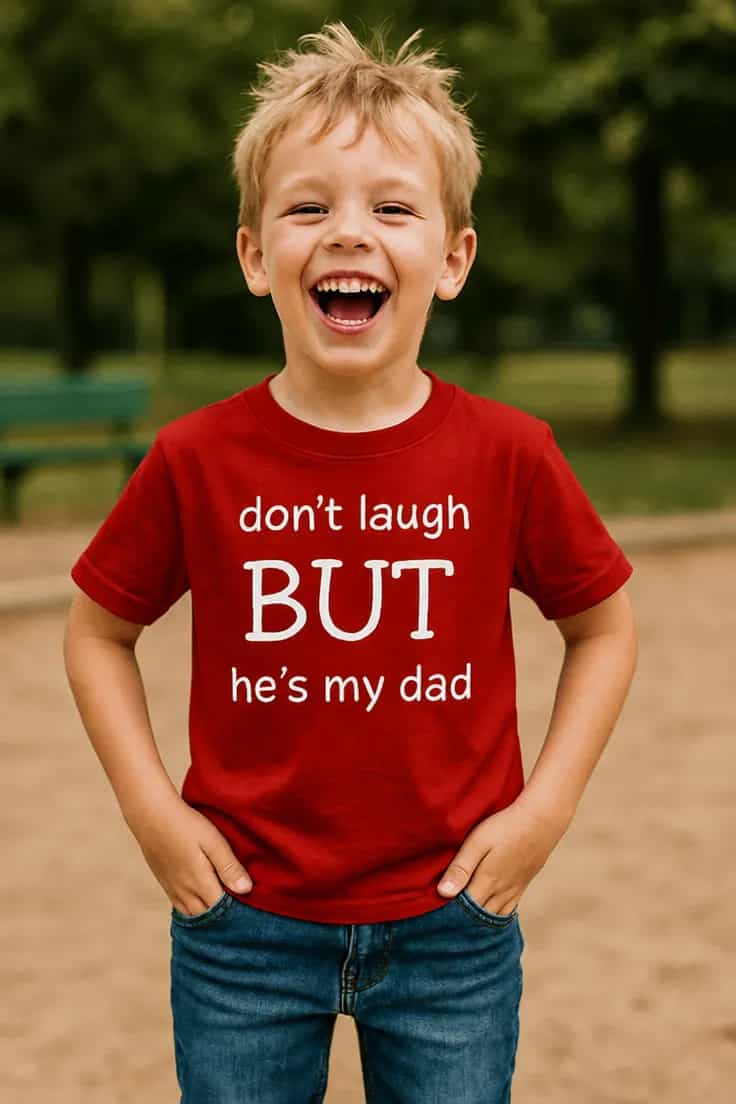 Lasten t-paita Älä naura isäni – don't laugh BUT he's