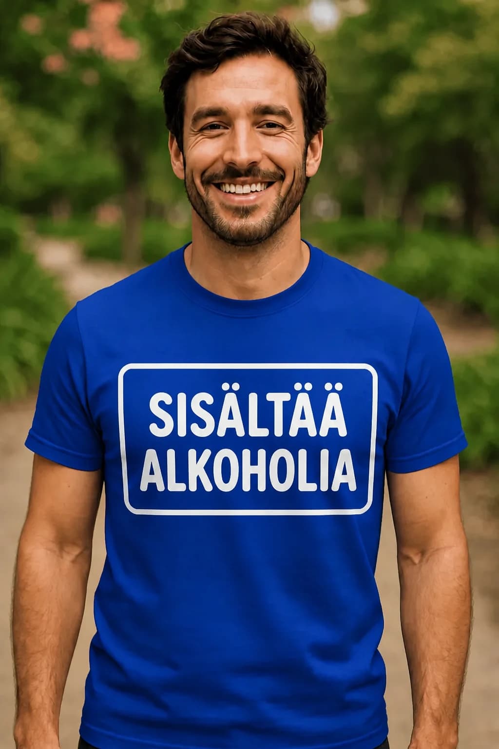 Mies T-paidassa, jossa tuoteselosteen kehyksessä teksti ”Sisältää alkoholia” – hauska T-paita juhlijalle