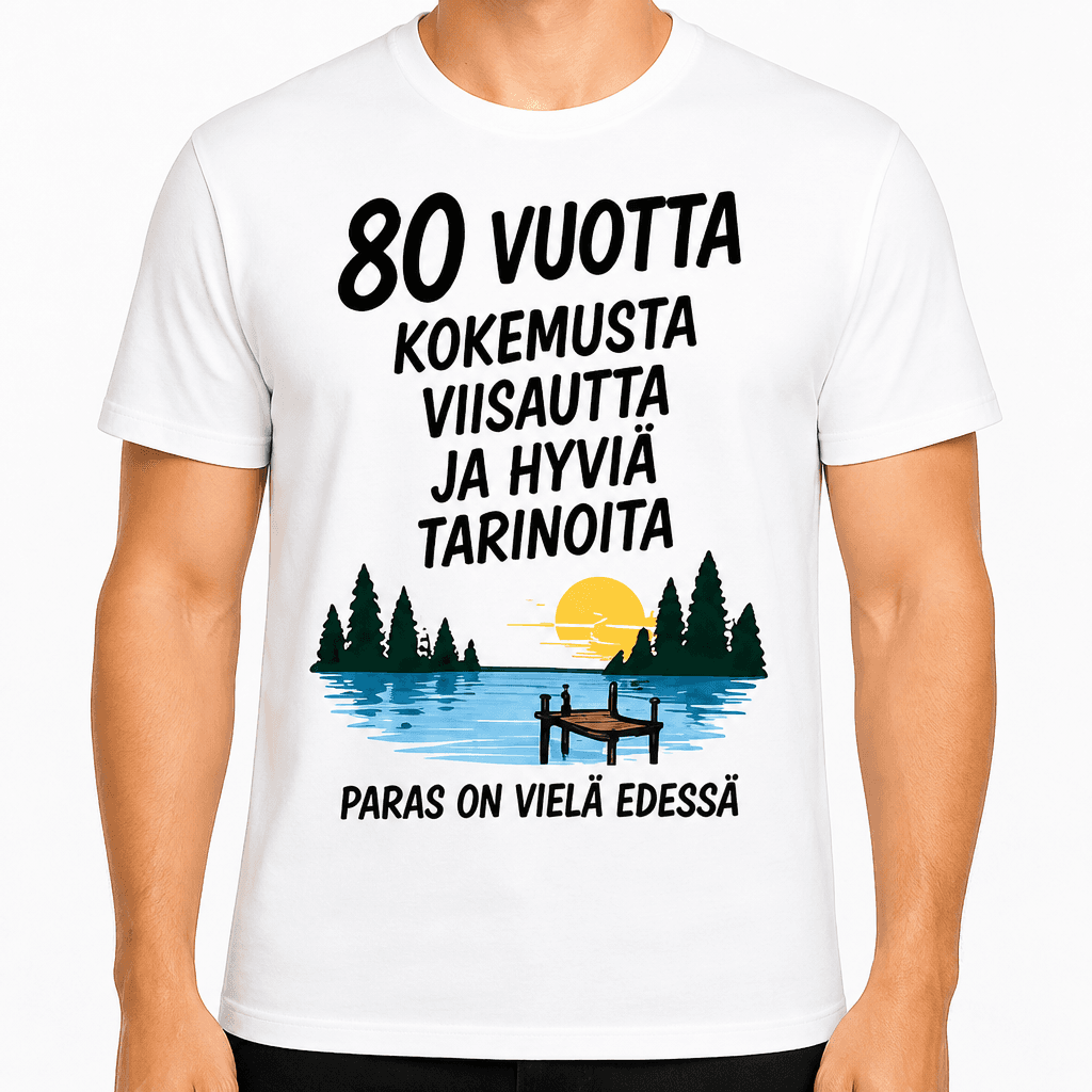 T-paita 80-vuotiaalle – 80 vuotta kokemusta viisautta ja hyviä tarinoita