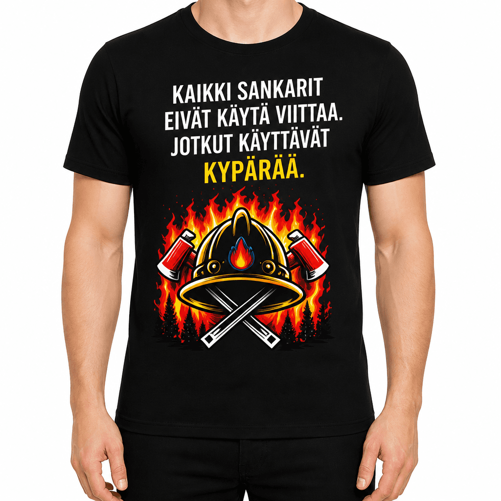 Palomies T-paita – Kaikki sankarit eivät käytä viittaa. Jotkut käyttävät kypärää.