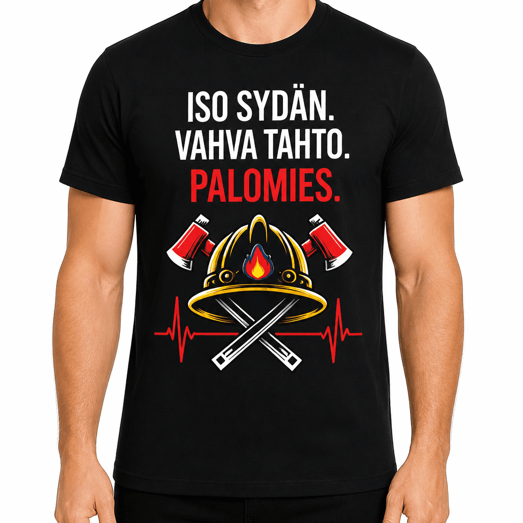 Palomies T-paita – Iso sydän. Vahva tahto. Palomies.