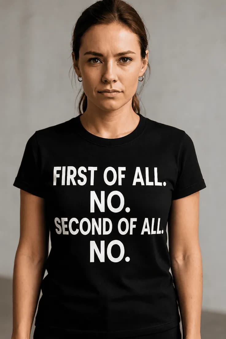 Hauska t-paita Ei todellakaan – FIRST OF ALL. NO.