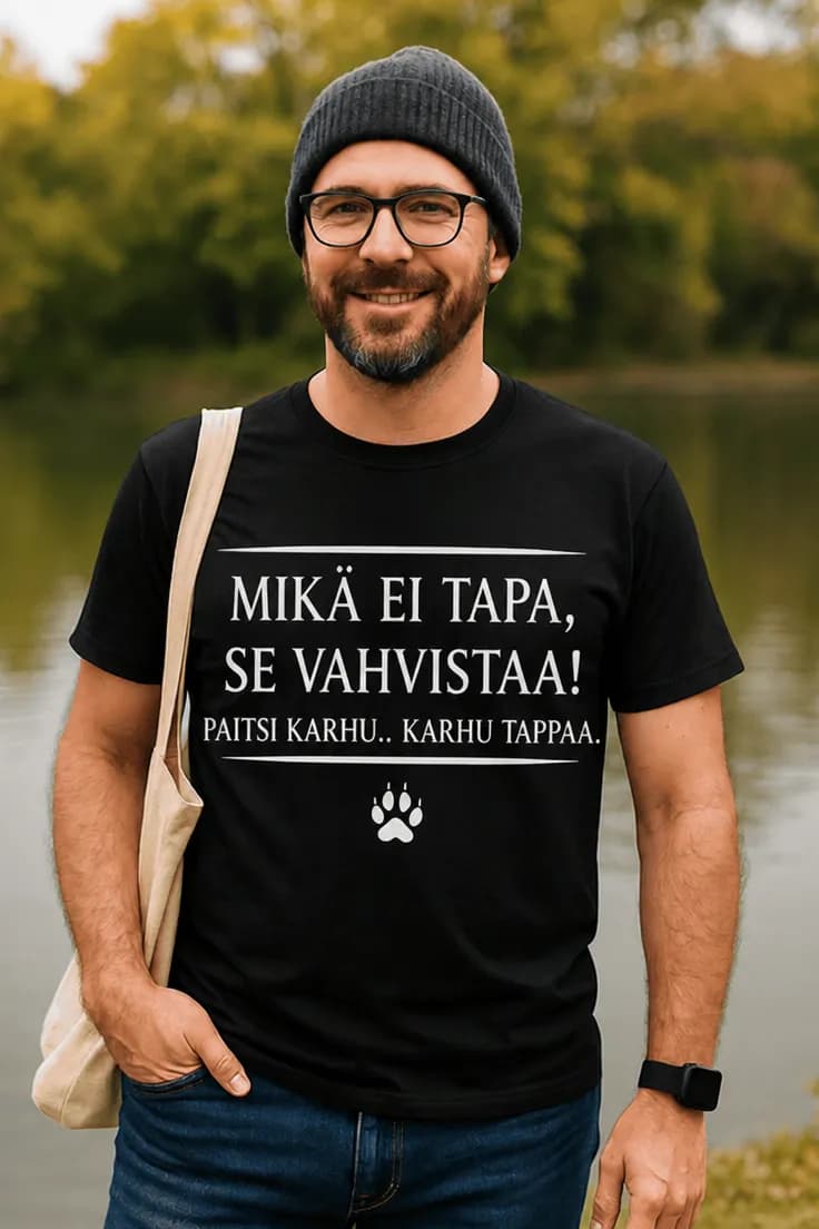 Hauska t-paita Karhu tappaa – MIKÄ EI TAPA,
