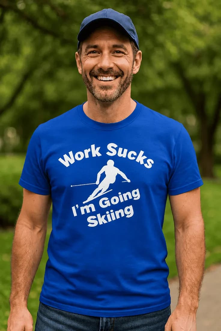 Hauska t-paita Lähden hiihtämään – Work Sucks