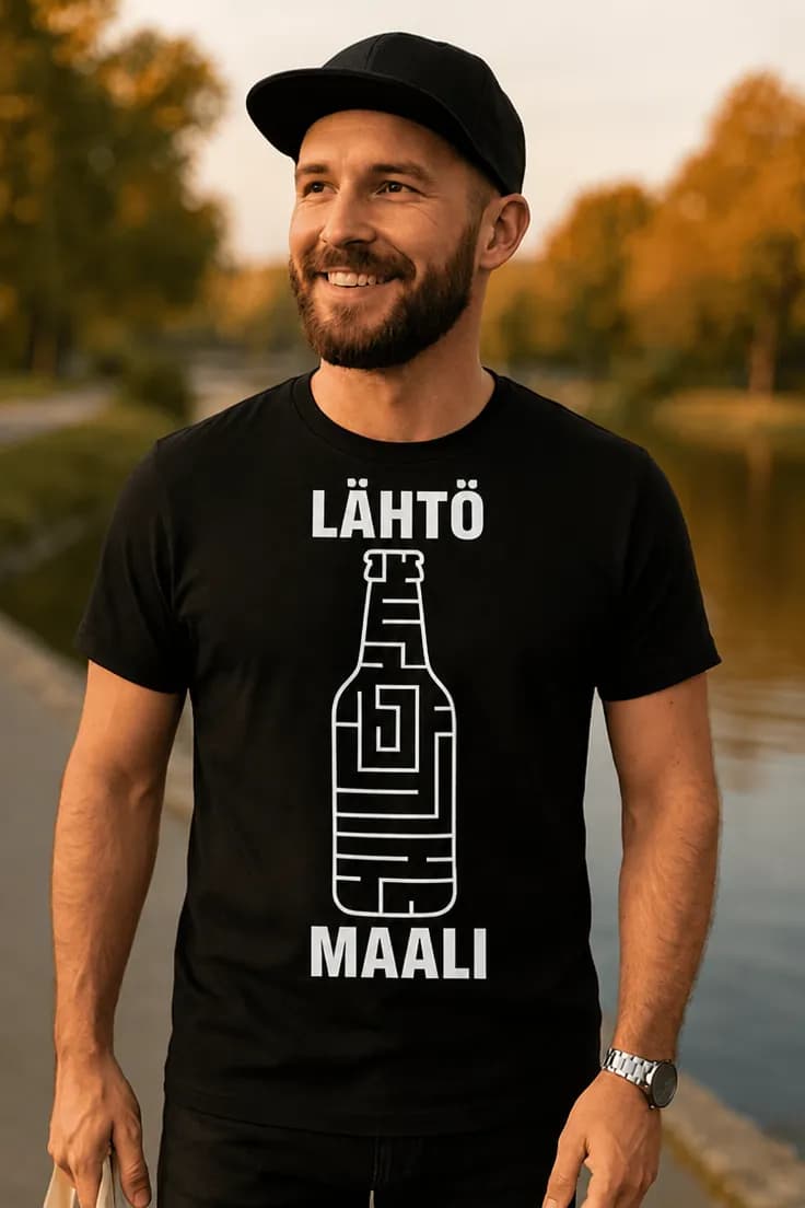 Hauska t-paita Olutlabyrintti – LÄHTÖ MAALI