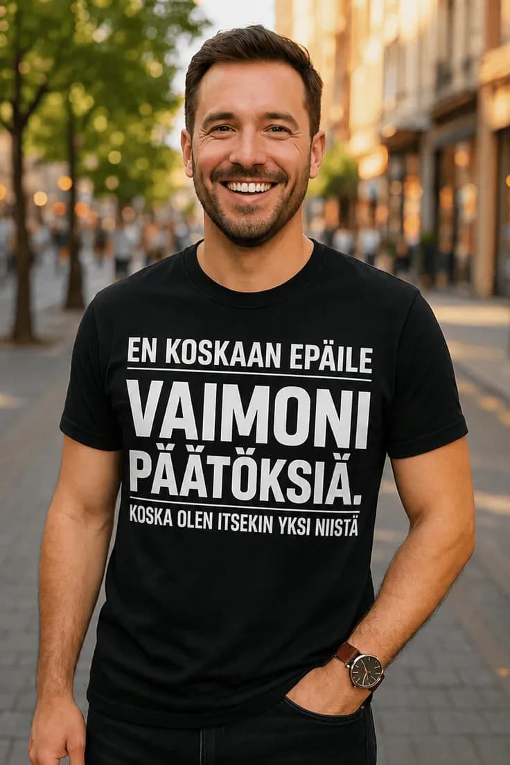 Hauska t-paita Vaimon päätökset – EN KOSKAAN EPÄI