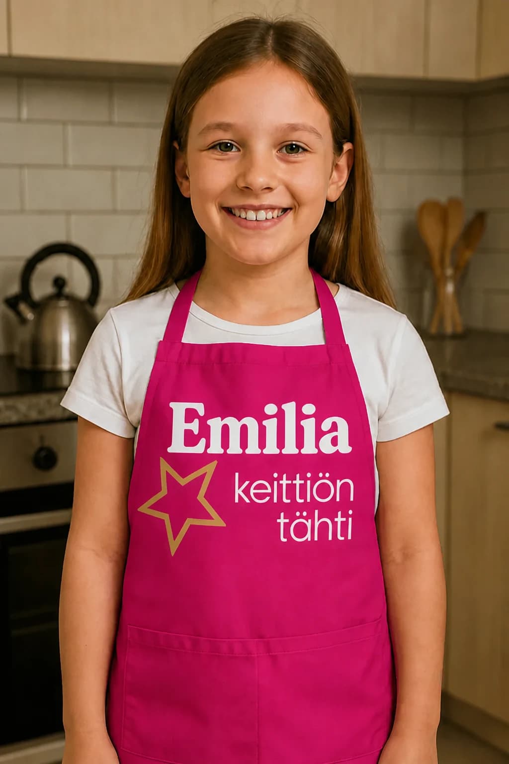 Tyttö pinkissä nimikoidussa lasten esiliinassa, jossa nimi Emilia, tähti ja teksti keittiön tähti