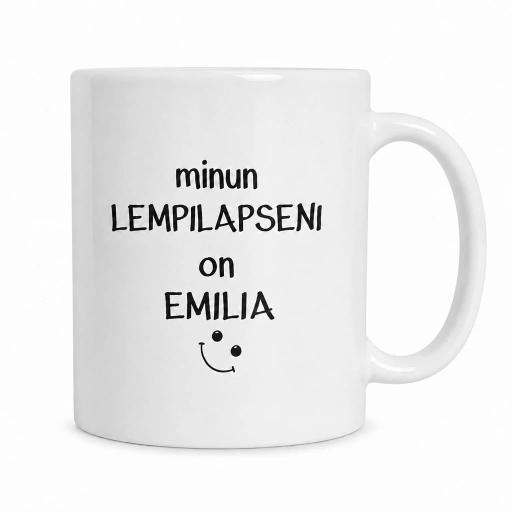 Valkoinen nimikoitu muki, jossa teksti Minun lempilapseni on Emilia ja pieni hymynaama