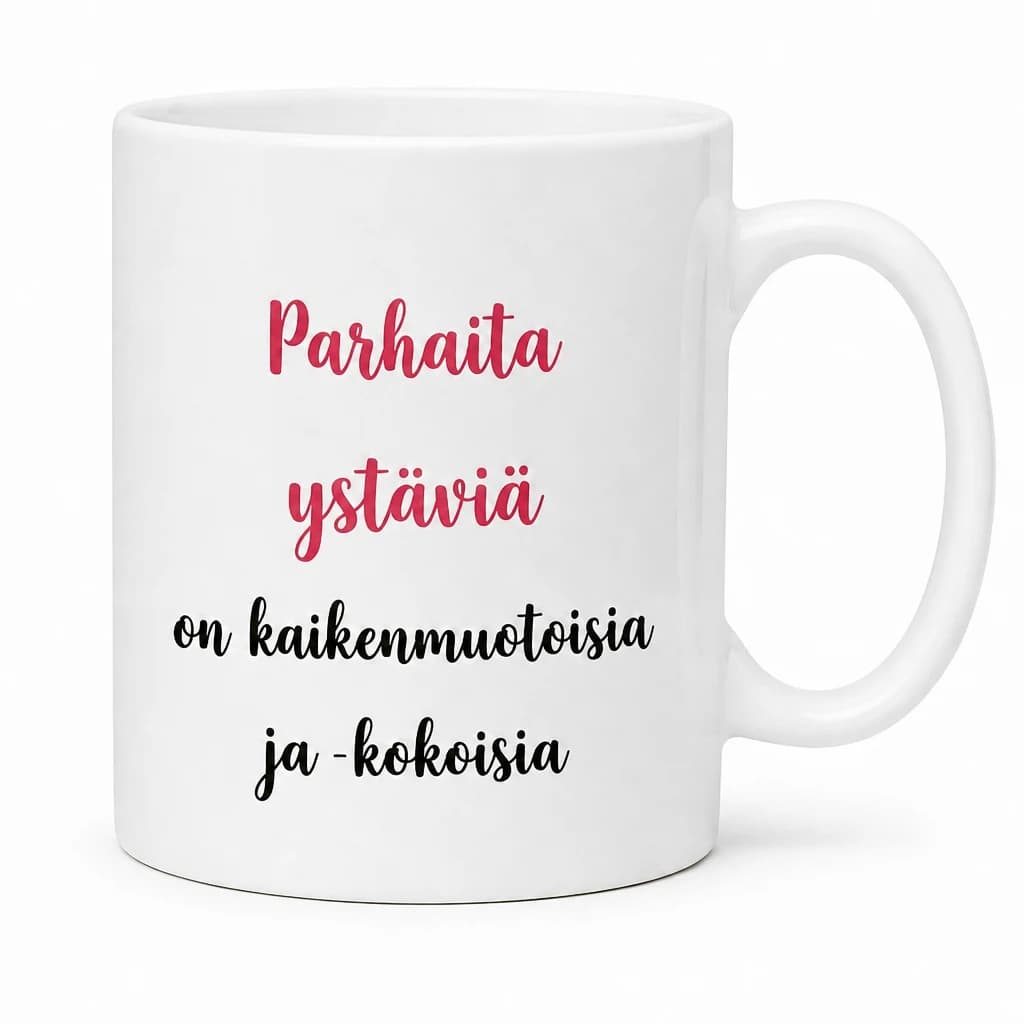 Valkoinen muki ystävälle, jossa pinkki ja musta teksti Parhaita ystäviä on kaikenmuotoisia ja kokoisia