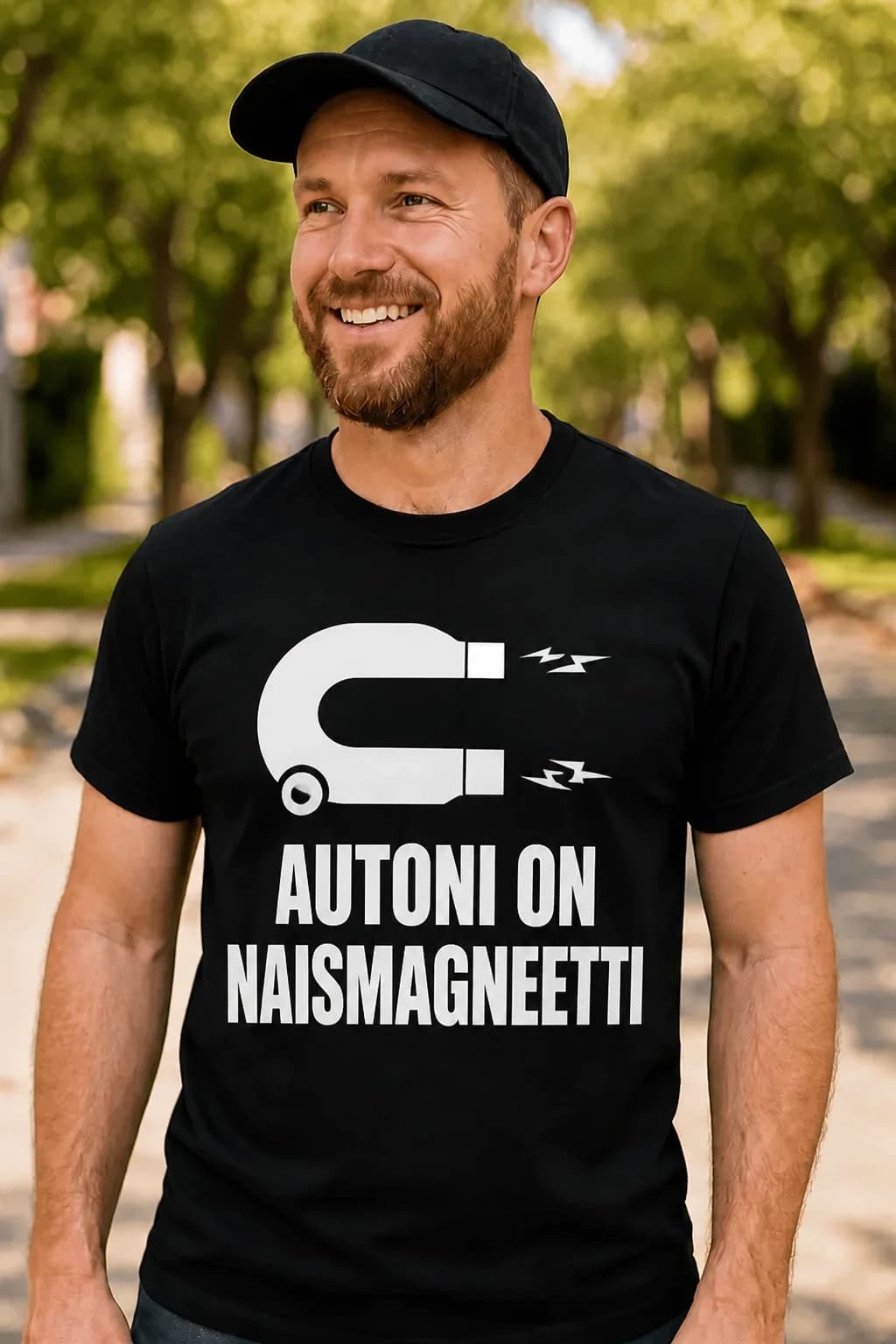 Mies mustassa hauskassa T-paidassa, magneetiksi taipuva auto ja teksti ”Autoni on naismagneetti”