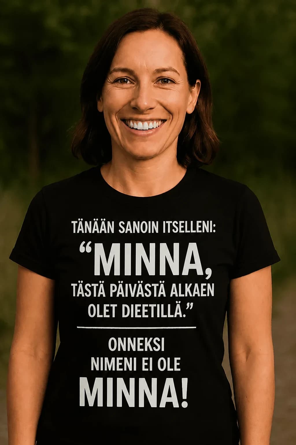 Nainen mustassa nimikoidussa T-paidassa, dieettivitsi ”Onneksi nimeni ei ole Minna!”