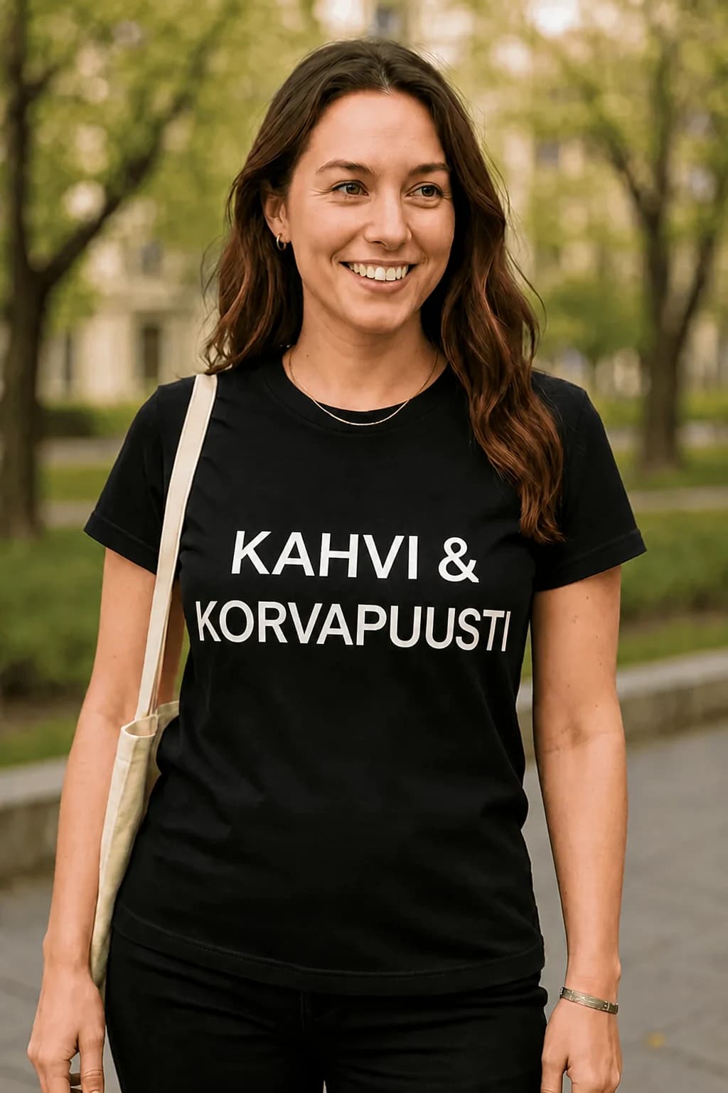 Nainen mustassa T-paidassa kahvin ystävälle, valkoinen designerfontti ”Kahvi & korvapuusti”