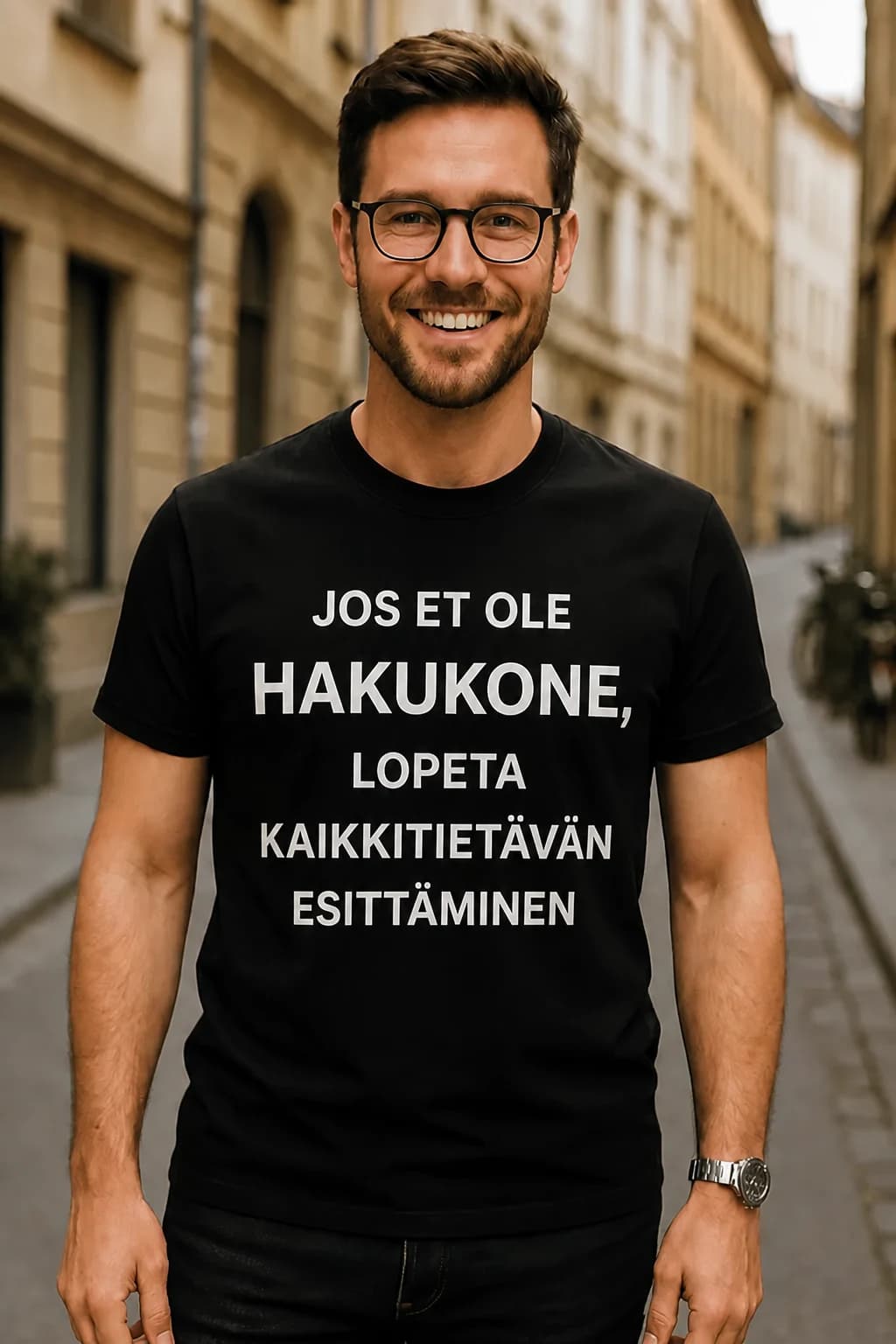 Mies mustassa T-paidassa, jossa teksti Jos et ole hakukone, lopeta kaikkitietävän esittäminen – hauska T-paita