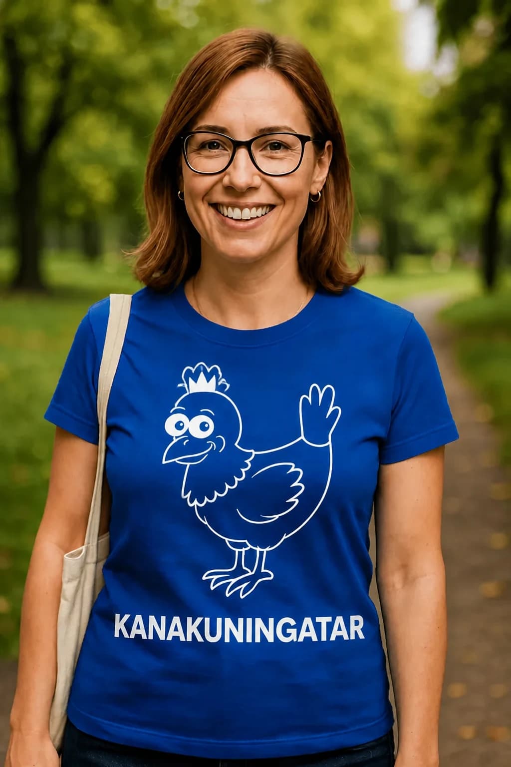Nainen kuninkaansinisessä T-paidassa, jossa piirretty kana ja teksti Kanakuningatar