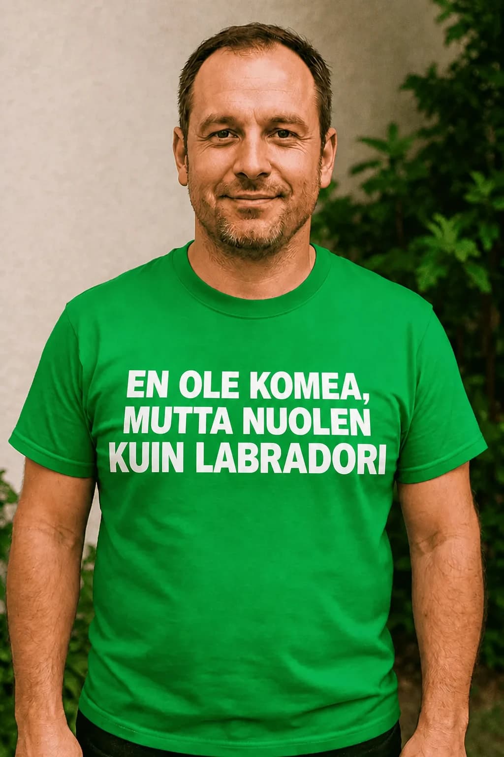 Mies vihreässä hauskassa T-paidassa, jossa valkoinen teksti en ole komea, mutta nuolen kuin labradori