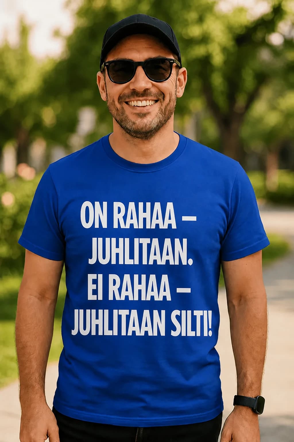 Mies lippiksessä sinisessä hauskassa T-paidassa, jossa lukee on rahaa juhlitaan, ei rahaa juhlitaan silti
