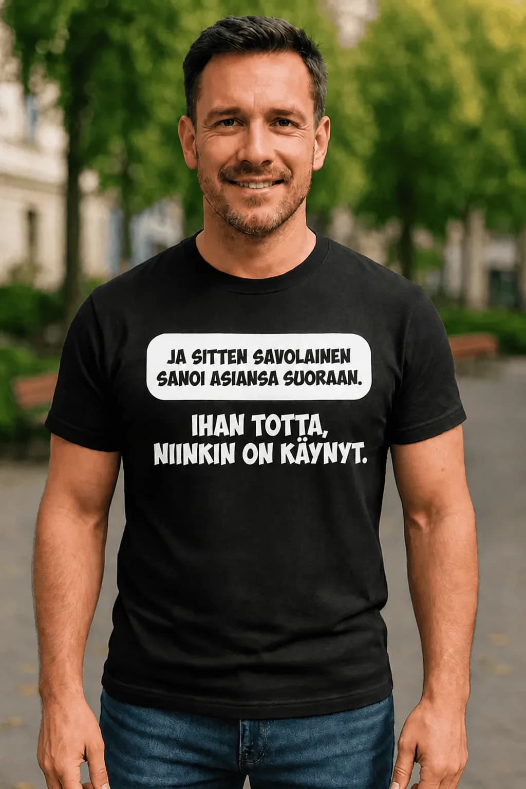 Mies mustassa hauskassa T-paidassa, jossa puhekupla ja teksti JA SITTEN SAVOLAINEN SANOI ASIANSA SUORAAN