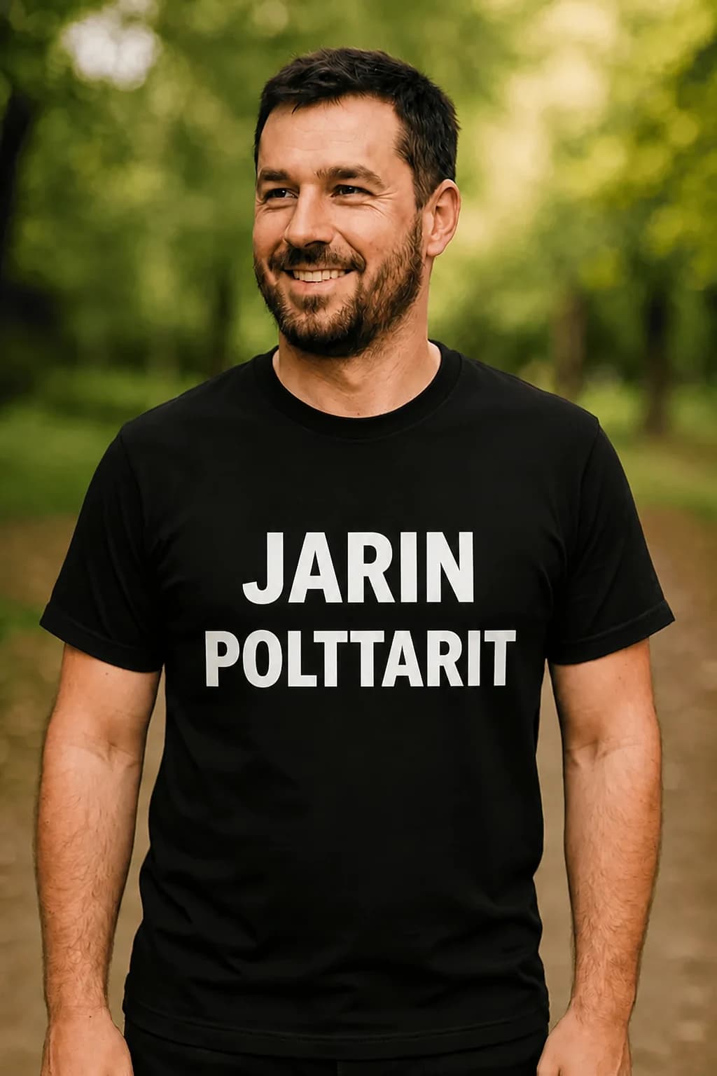 Mies mustassa polttaripaidassa, jossa isot valkoiset kirjaimet JARIN POLTTARIT sulhasen polttareihin