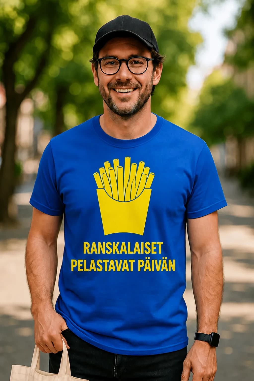Mies kuninkaansinisessä hauskassa T-paidassa, jossa ranskalaisrasia ja teksti RANSKALAISET PELASTAVAT PÄIVÄN
