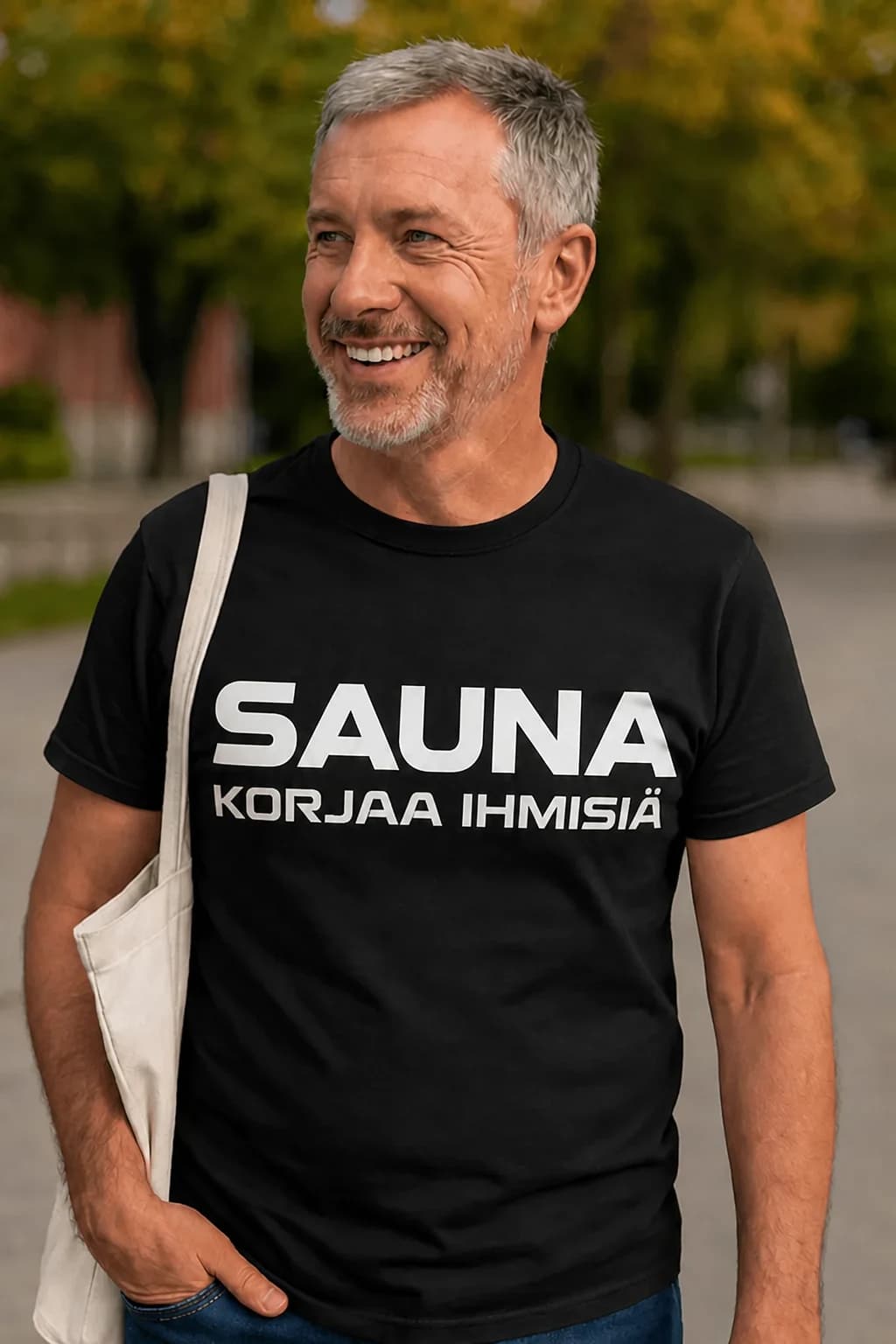 Mies mustassa hauskassa T-paidassa saunojalle, jossa isot valkoiset tekstit SAUNA ja KORJAA IHMISIÄ