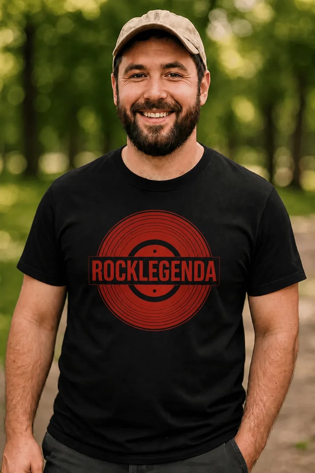 Mies mustassa hauskassa T-paidassa, jossa punainen retrotunnus ja teksti ROCKLEGENDA rockfanille