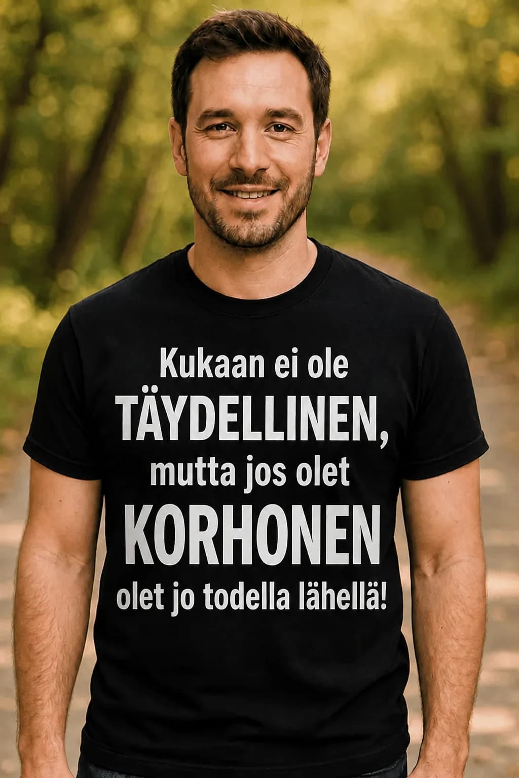 Mies mustassa T-paidassa, jossa teksti Kukaan ei ole täydellinen mutta jos olet Korhonen – T-paita omalla nimellä