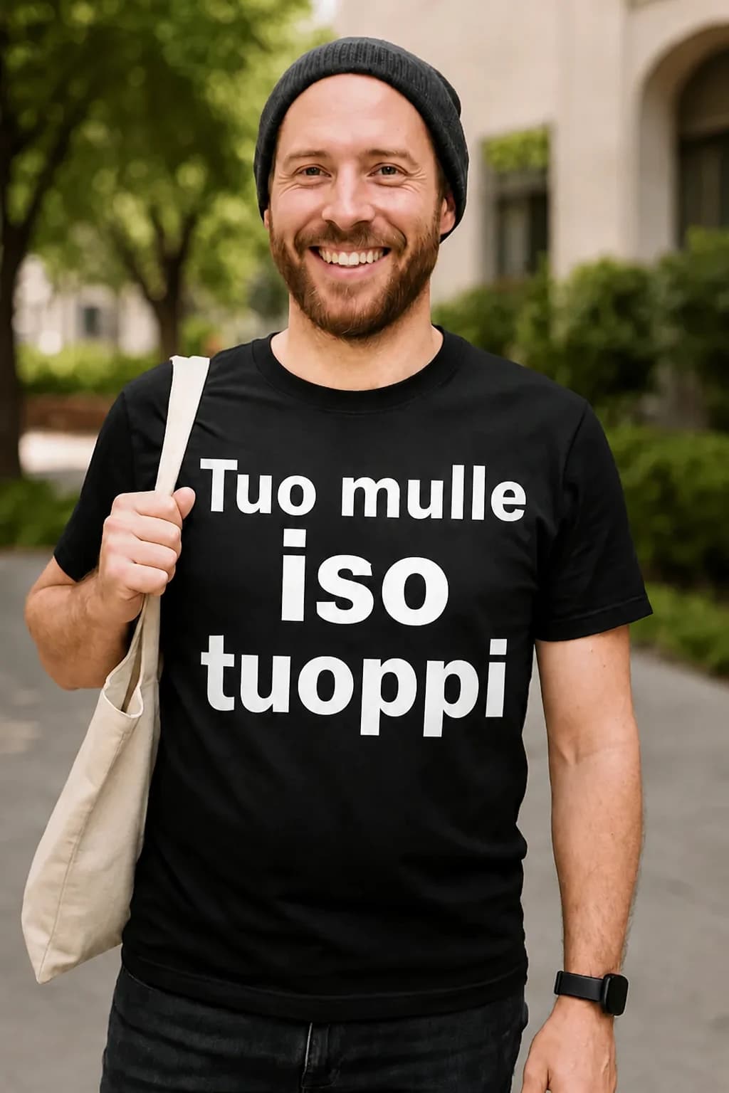 Hauska T-paita oluen ystävälle tekstillä Tuo mulle iso tuoppi, mies mustassa paidassa valkoisella tekstillä