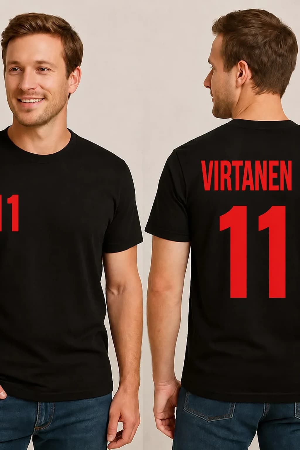 T-paita omalla nimellä ja numerolla, selässä punaisella VIRTANEN 11, kaksi miestä mustissa paidoissa