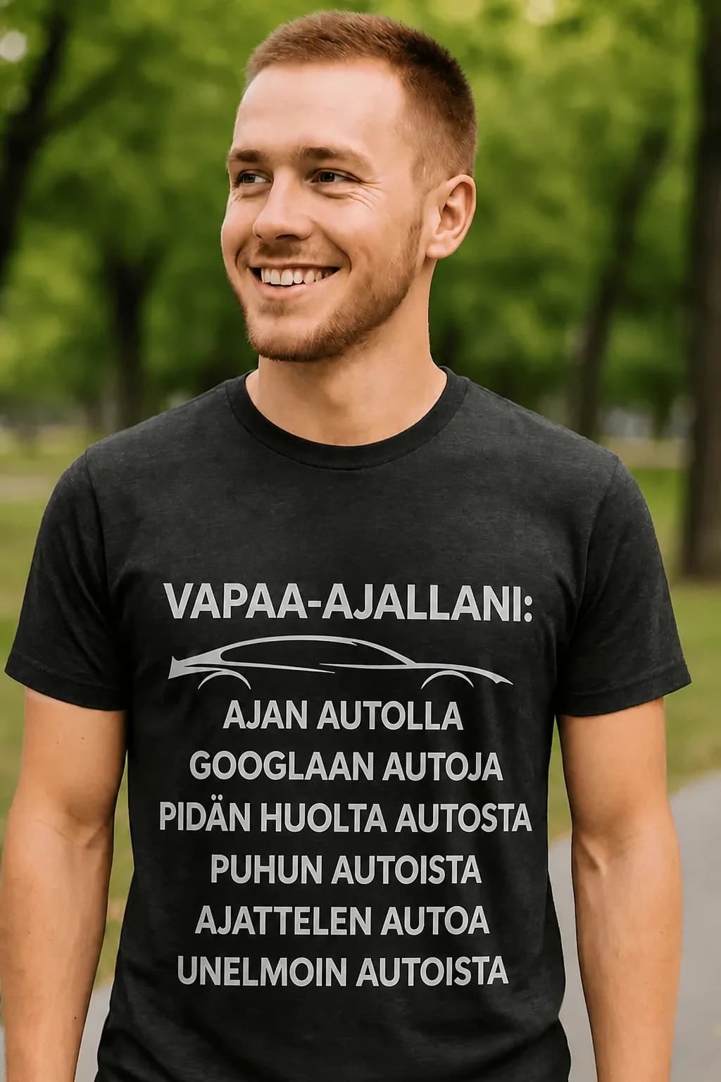 Hauska T-paita autoharrastajalle, auton siluetti ja teksti VAPAA-AJALLANI: AJAN AUTOLLA... AJATTELEN AUTOJA