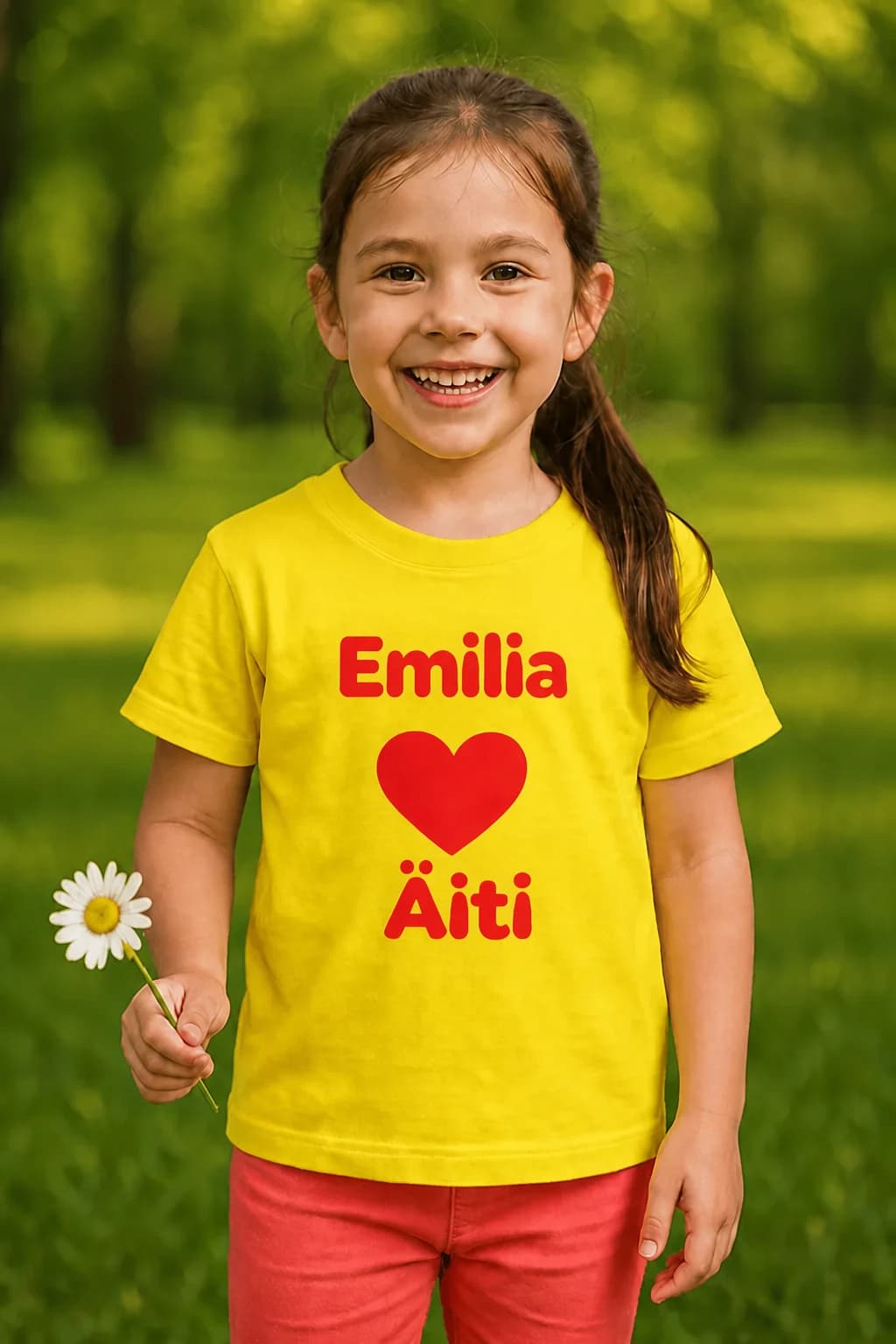 Keltainen nimikoitava lasten T-paita, jossa punainen teksti Emilia, sydän ja Äiti