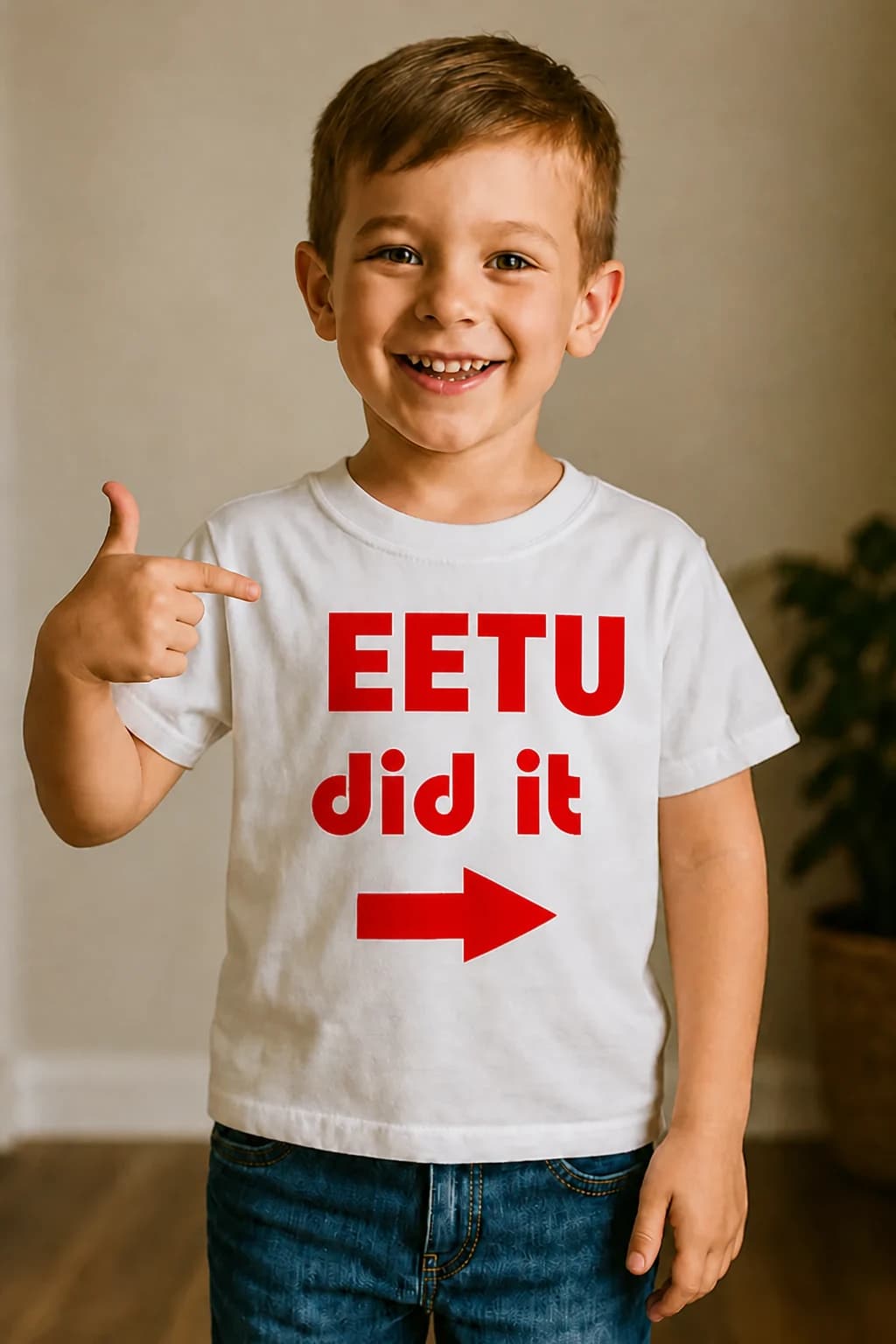 Valkoinen nimikoitava lasten T-paita, jossa punainen teksti EETU did it ja sivulle osoittava nuoli
