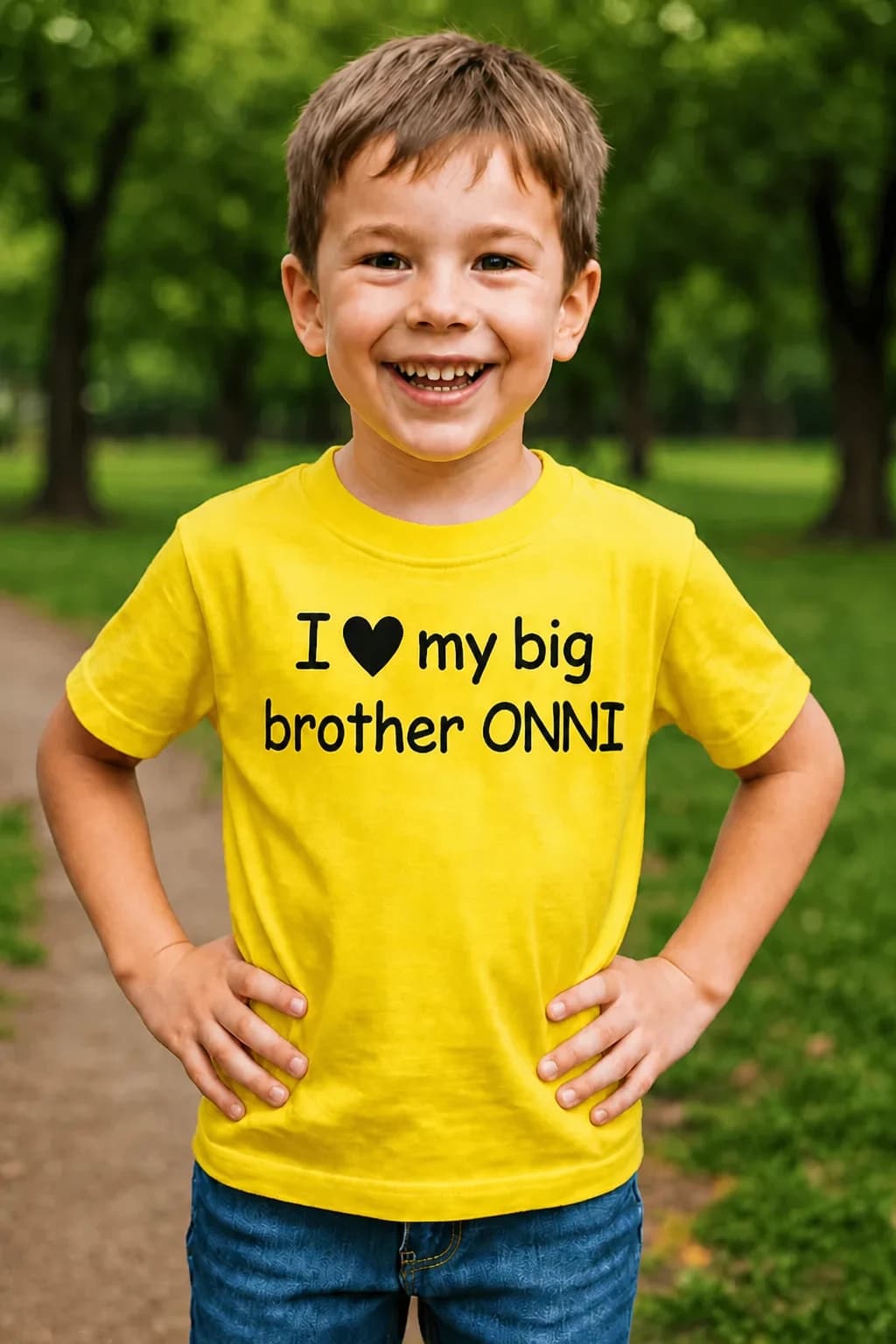 Keltainen nimikoitava lasten T-paita, jossa musta teksti I ♥ my big brother ONNI