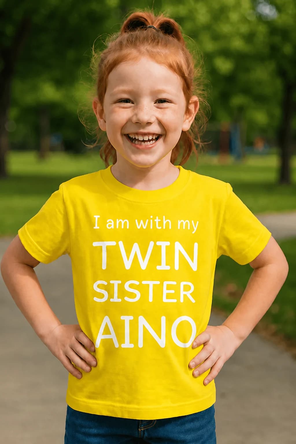 Keltainen nimikoitava lasten T-paita, jossa valkoinen teksti I am with my TWIN SISTER AINO