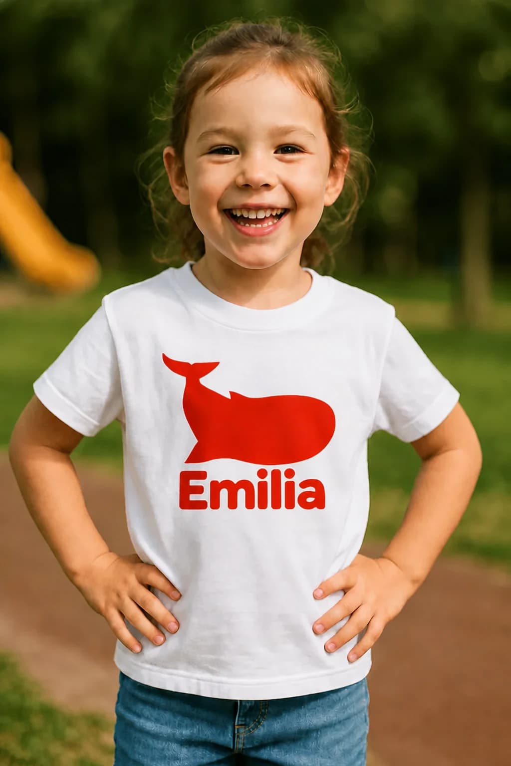 Valkoinen lasten T-paita omalla nimellä, punainen valaskuva ja nimi Emilia, iloisen tytön päällä