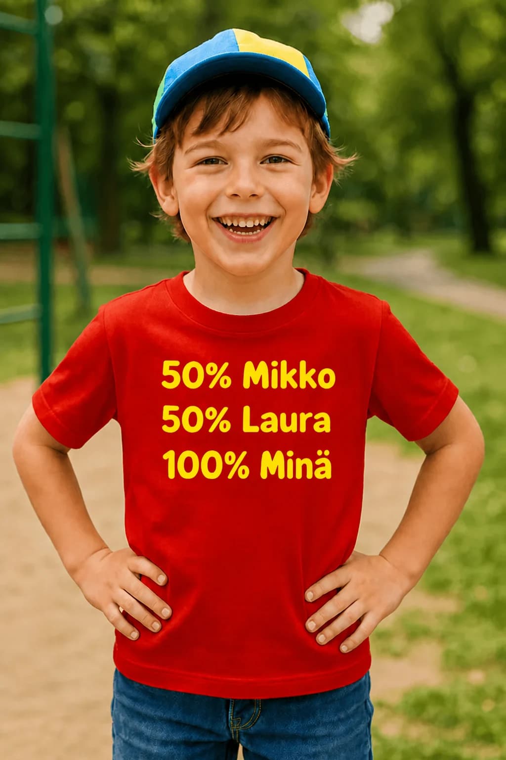 Punainen lasten T-paita vanhempien nimillä: keltainen teksti 50% Mikko, 50% Laura, 100% Minä, pojalla