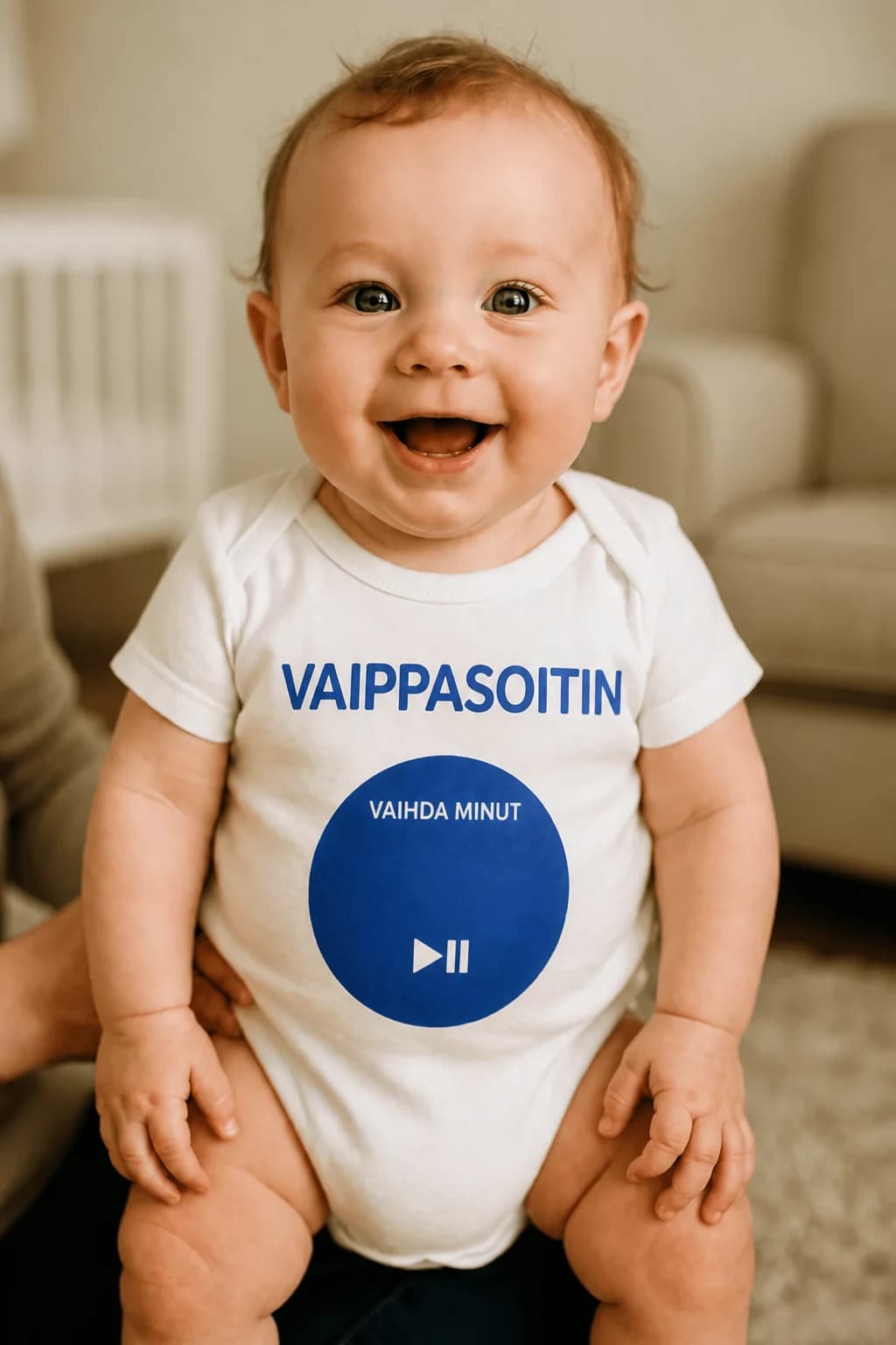 Valkoinen vauvan body, jossa sininen musiikkisoittimen ohjauskiekko ja teksti VAIPPASOITIN – VAIHDA MINUT