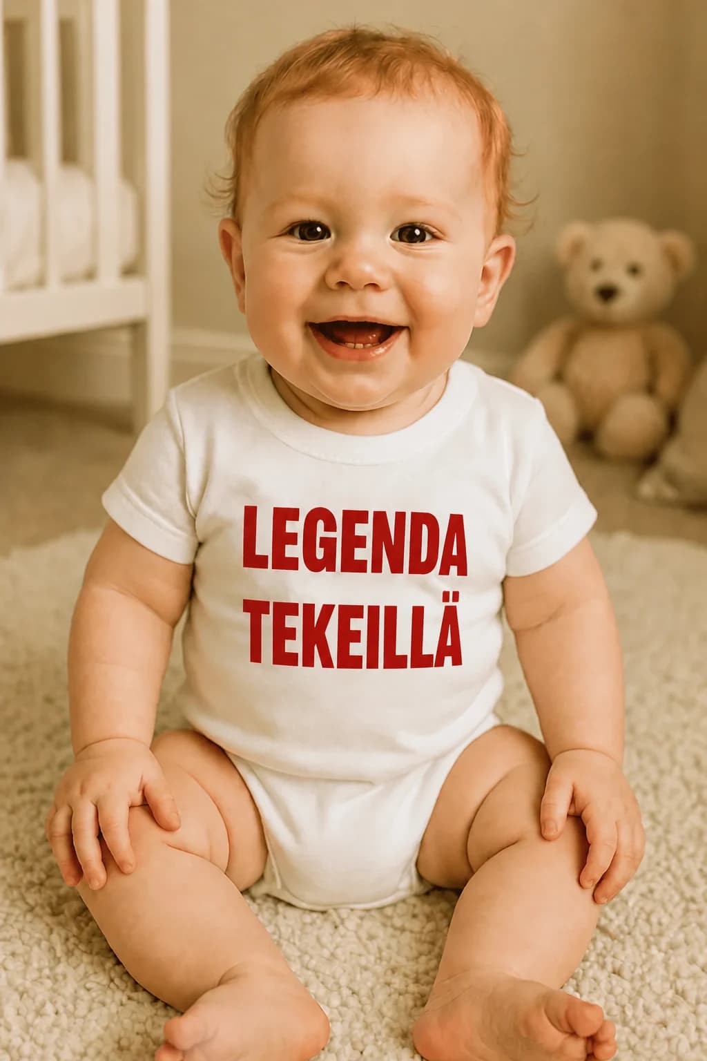 Naurava vauva valkoisessa bodyssa, jonka rinnassa punainen teksti ”Legenda tekeillä” – vauvan body