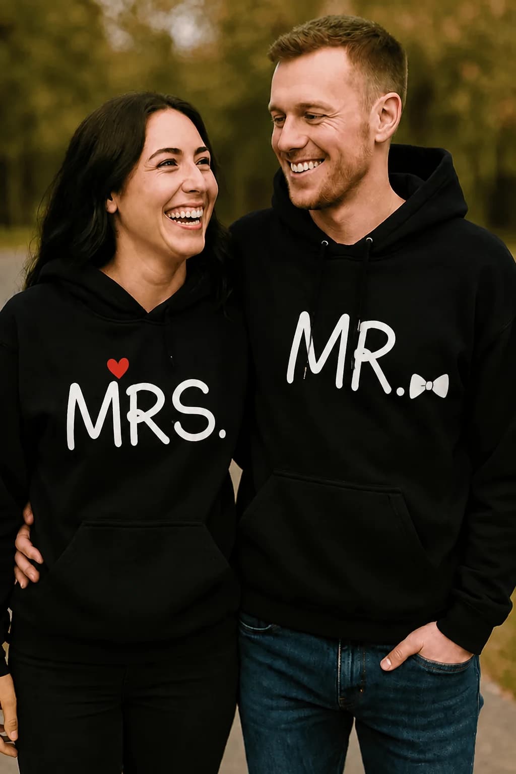 Pariskunta mustissa huppareissa, joissa valkoiset tekstit ”Mrs.” ja ”Mr.” – parihupparit avioparille