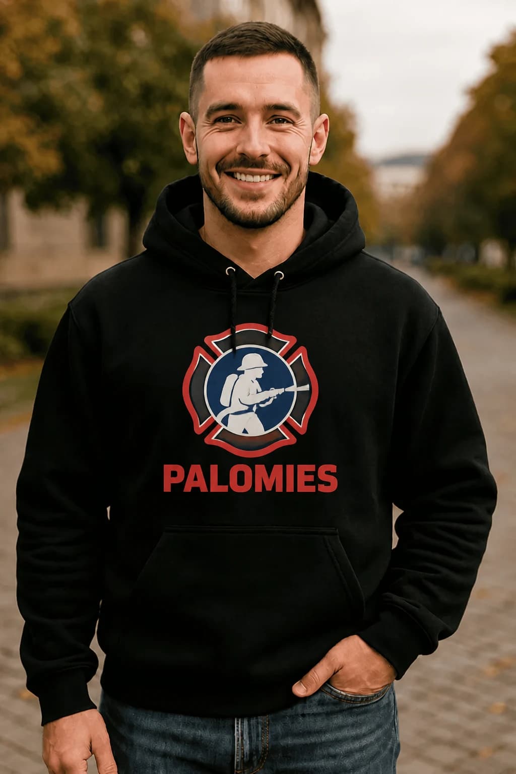Huppari palomiehelle värillisellä tunnuksella