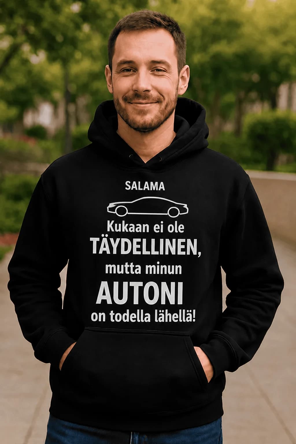 Mies mustassa hupparissa, teksti ”Kukaan ei ole täydellinen…” – huppari autoilijalle omalla tekstillä