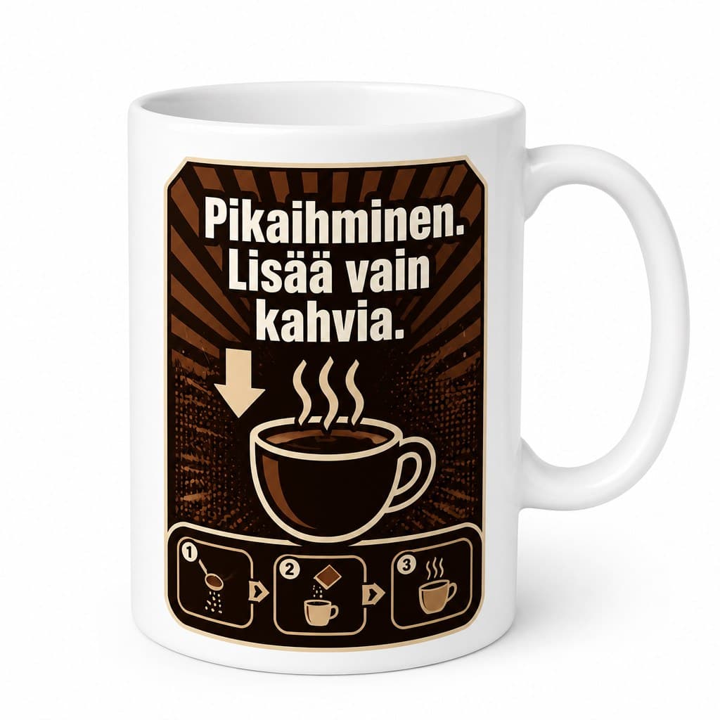 Kahvimuki – Pikaihminen. Lisää vain kahvia.