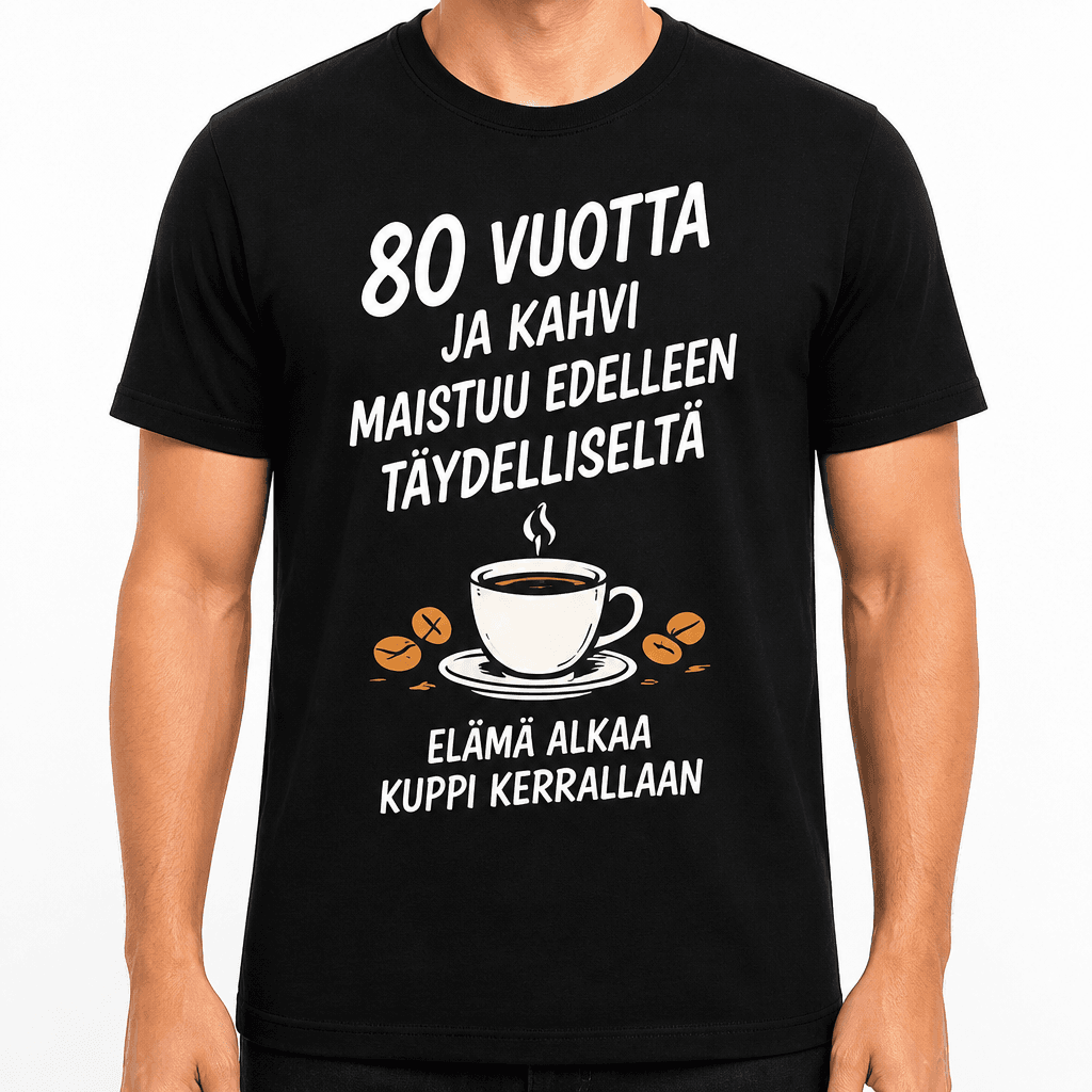 T-paita 80-vuotiaalle – 80 vuotta ja kahvi maistuu edelleen täydelliseltä elämä alkaa kuppi kerrallaan
