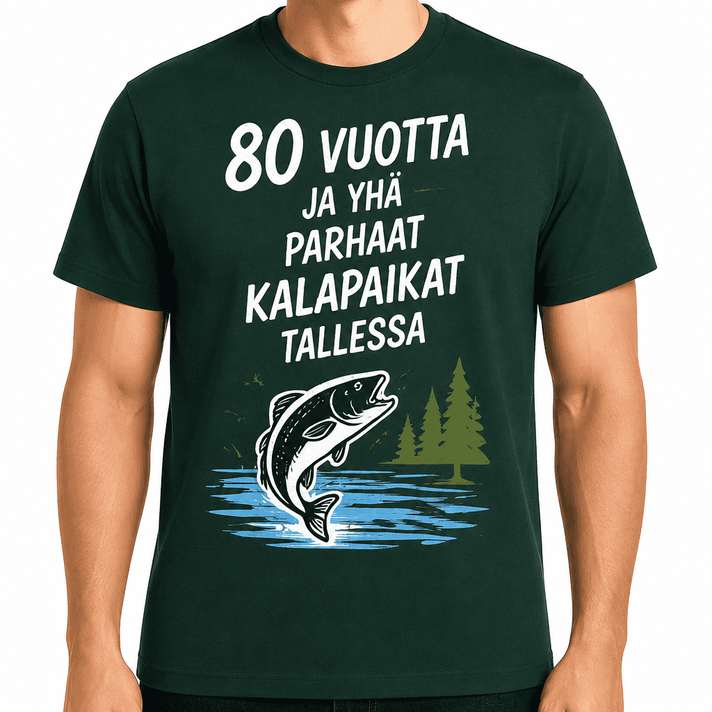 T-paita 80-vuotiaalle â 80 vuotta ja yhĂ€ parhaat kalapaikat tallessa