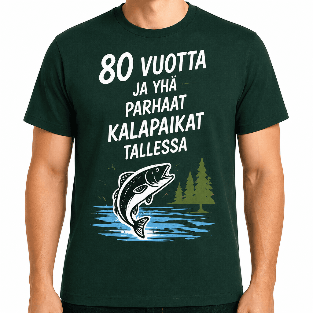 T-paita 80-vuotiaalle – 80 vuotta ja yhä parhaat kalapaikat tallessa