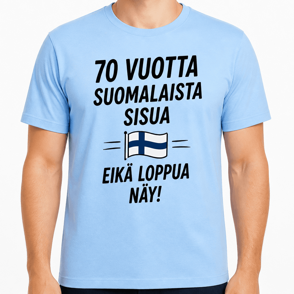 T-paita 70-vuotiaalle – 70 vuotta suomalaista sisua eikä loppua näy!