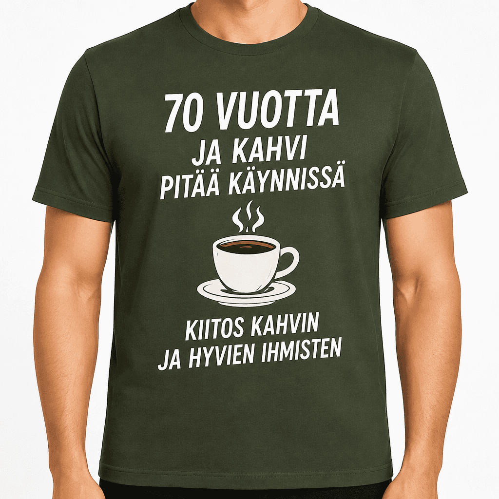 T-paita 70-vuotiaalle â 70 vuotta ja kahvi pitÀÀ kĂ€ynnissĂ€ kiitos kahvin ja hyvien ihmisten
