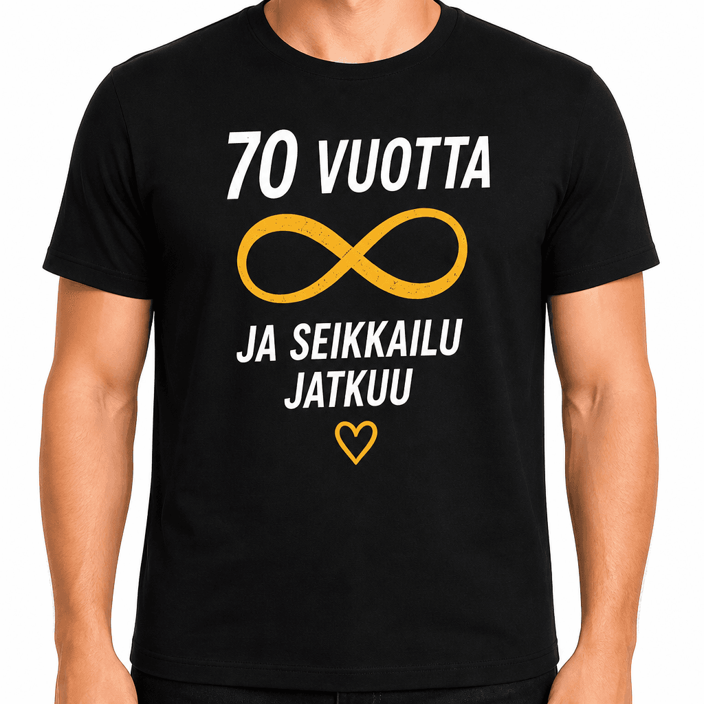T-paita 70-vuotiaalle – 70 vuotta ja seikkailu jatkuu