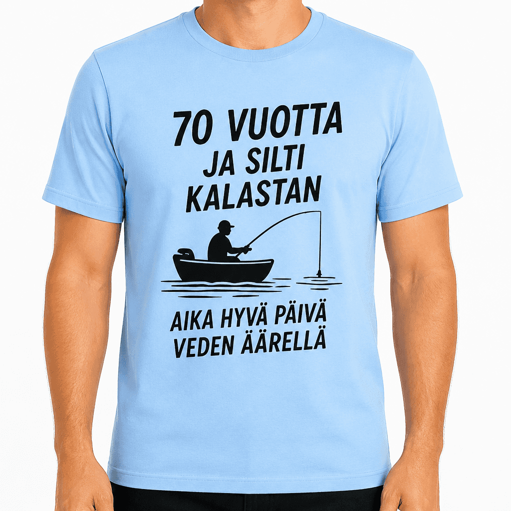 T-paita 70-vuotiaalle â 70 vuotta ja silti kalastan