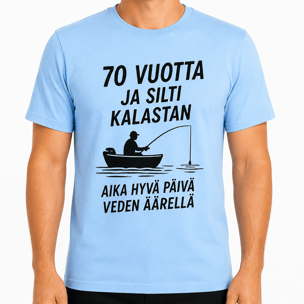 T-paita 70-vuotiaalle – 70 vuotta ja silti kalastan